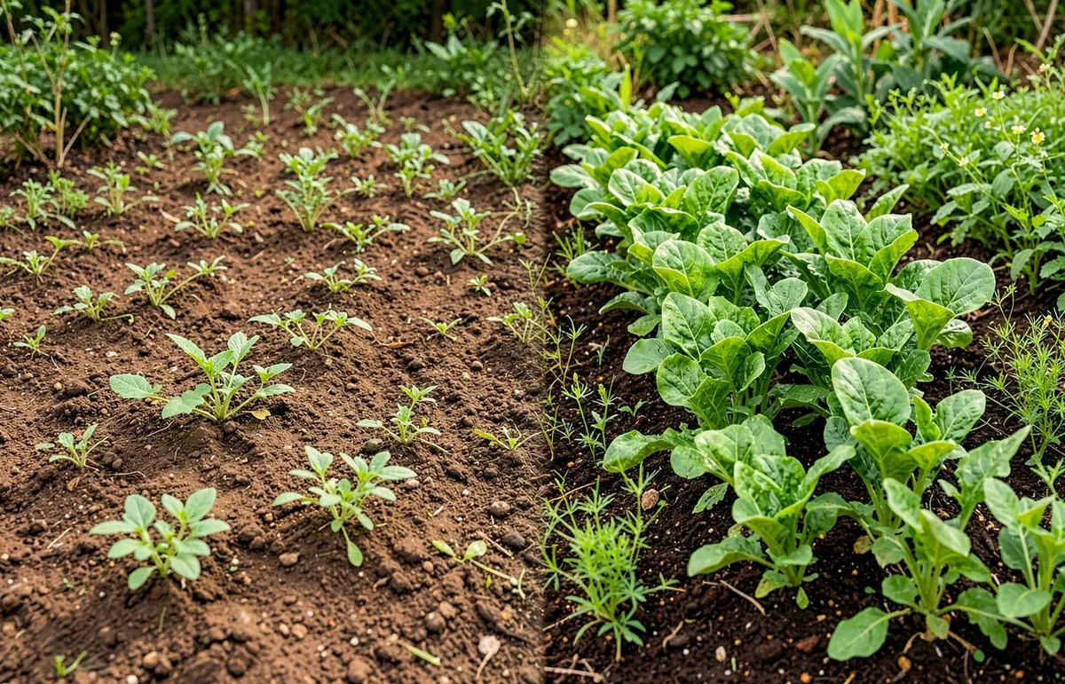 Side-by-side view of standard and richly grown leafy vegetables