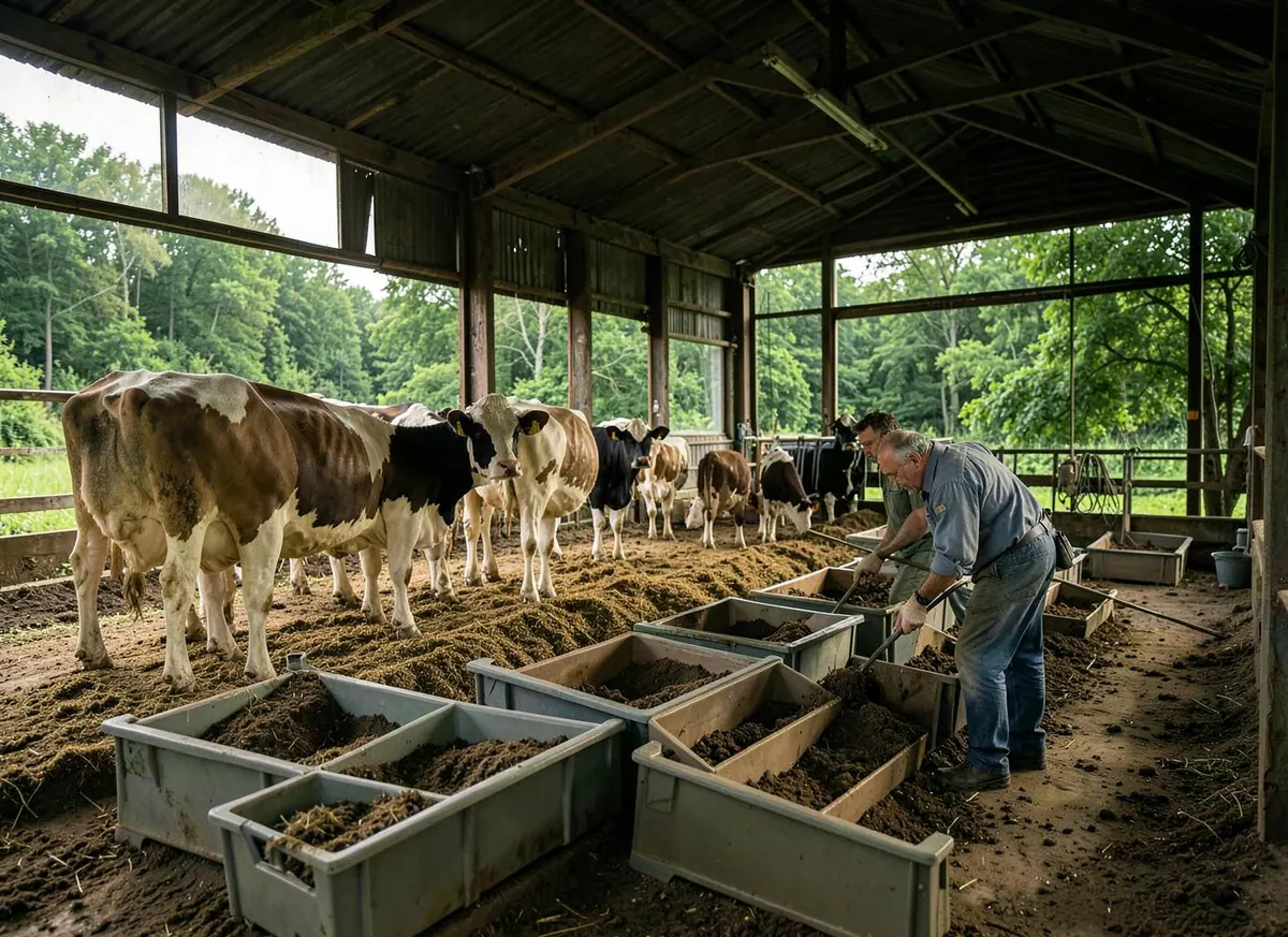 Premium cow dung being carefully gathered and sorted at a clean cattle farm