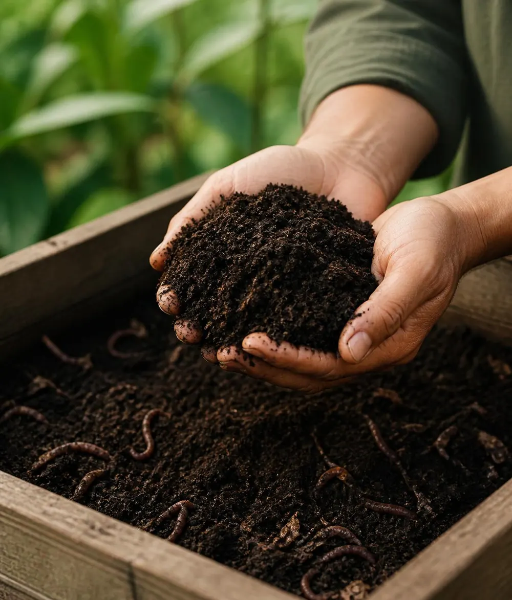 Hands holding freshly cured vermicompost above a worm bed